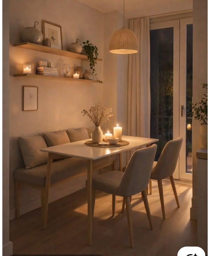 Small dining room with a cushioned bench against the wall, a white table, and two chairs, lit by candles and a pendant light.