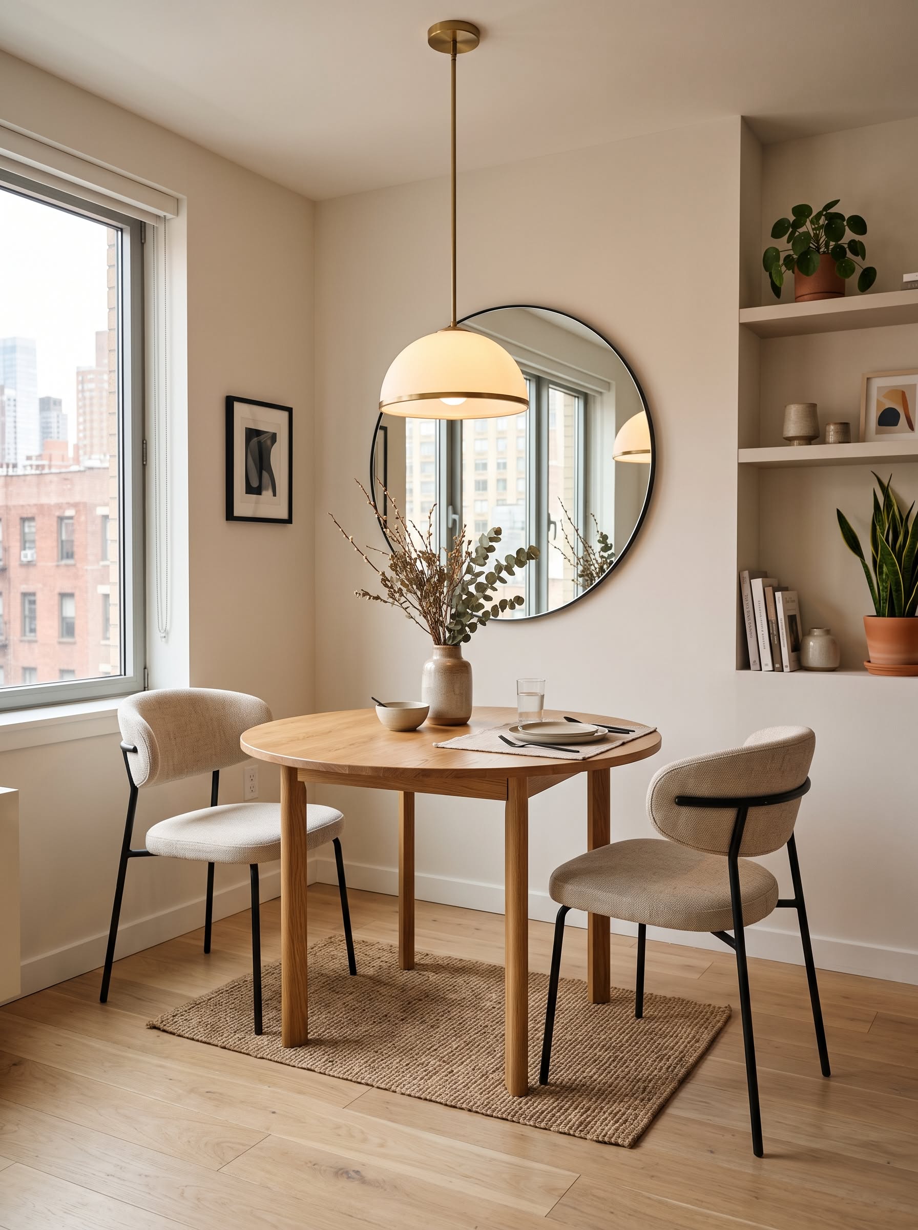 Small dining area with a round wooden table, two upholstered chairs, a jute rug, and a large circular mirror on the wall.