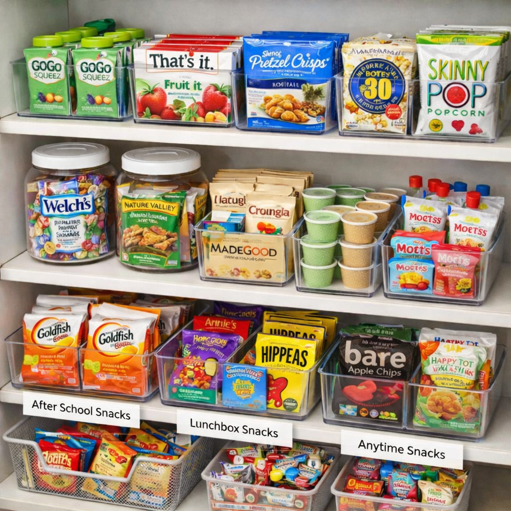 Pantry shelves organized with various snack foods in clear containers.