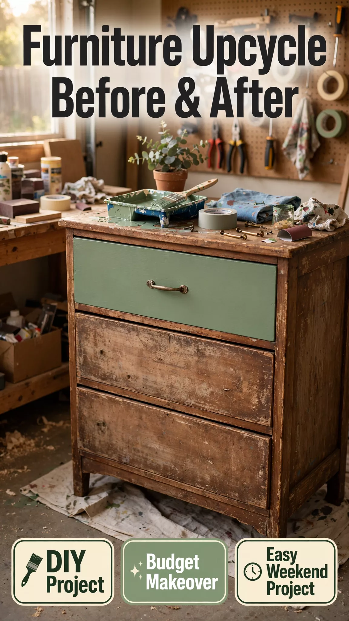 A wooden dresser with one drawer painted sage green and two lower drawers showing distressed natural wood, surrounded by…