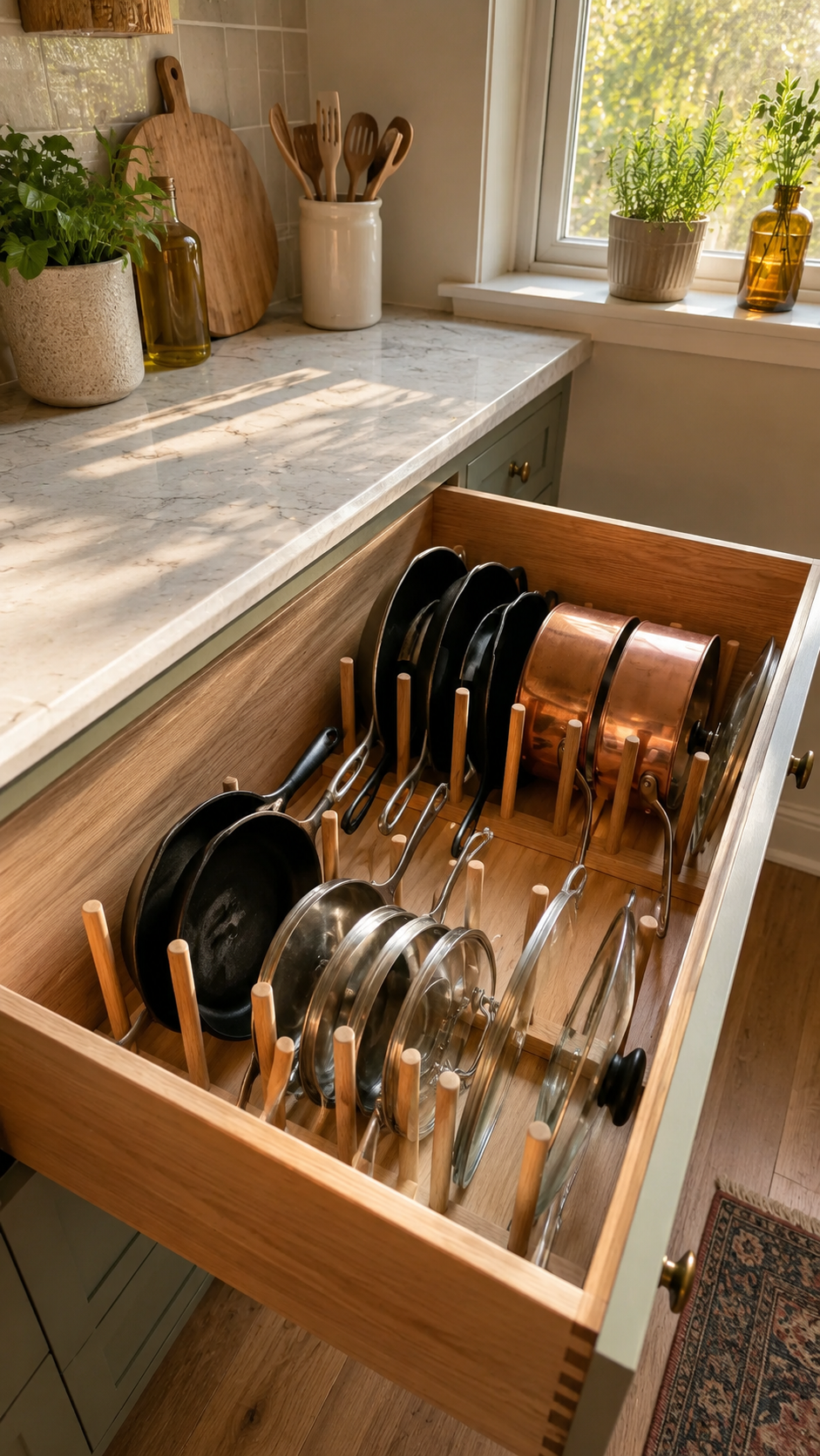 An open kitchen drawer with wooden peg dividers organizing a variety of pots, pans, and glass lids.