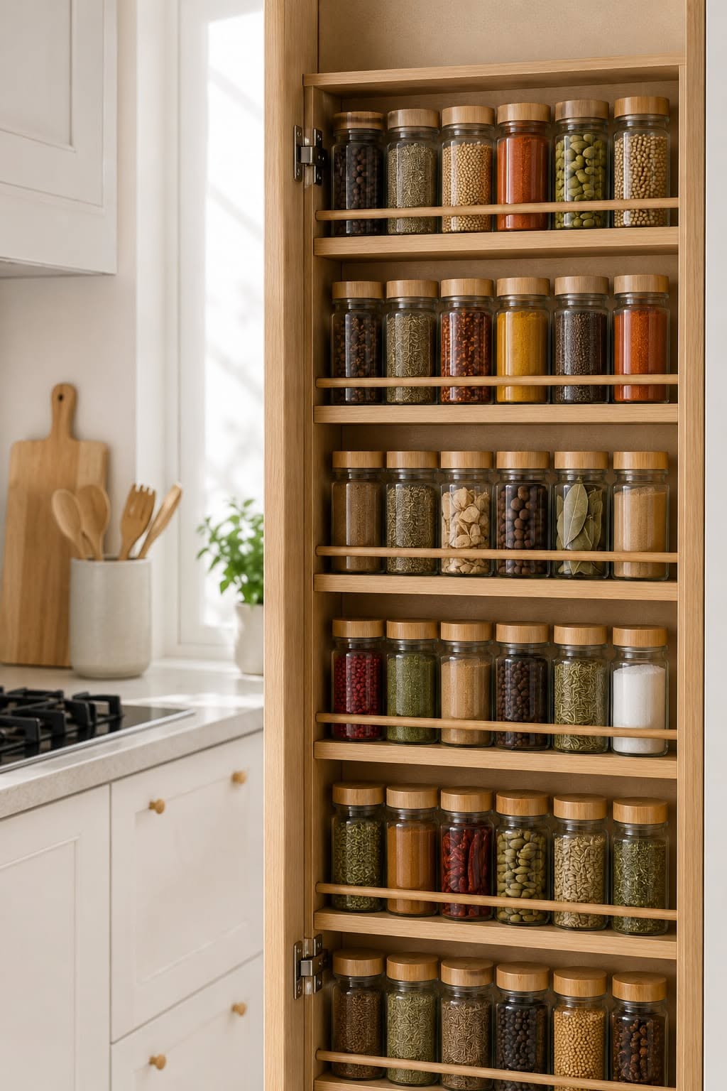 Cabinet door interior fitted with several wooden shelves holding rows of uniform spice jars with light wooden lids.