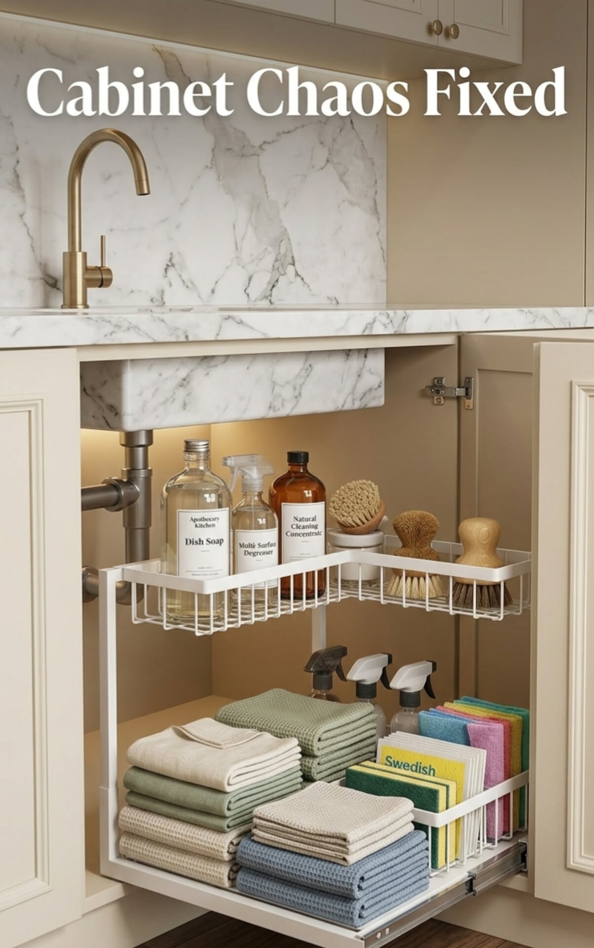 Under sink cabinet with an L-shaped two-tier pull-out organizer holding bottles, brushes, sponges, and folded cloths.