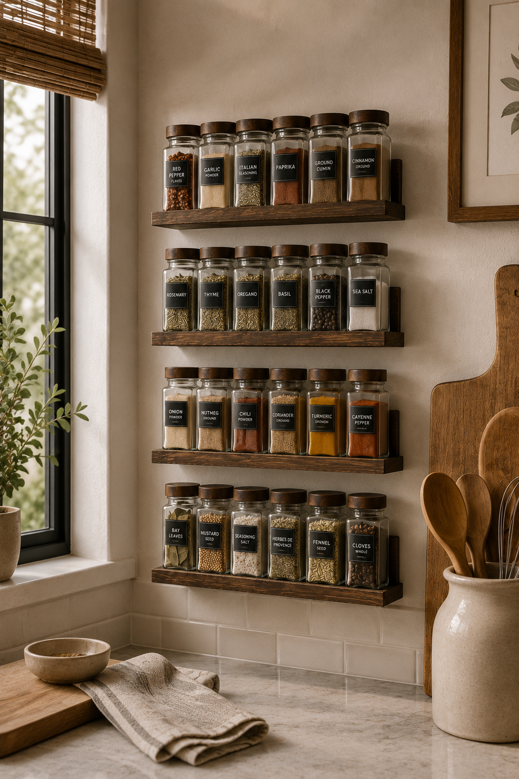 Four rows of matching glass spice jars with dark labels and wooden lids on narrow wooden shelves mounted on a light-colored…
