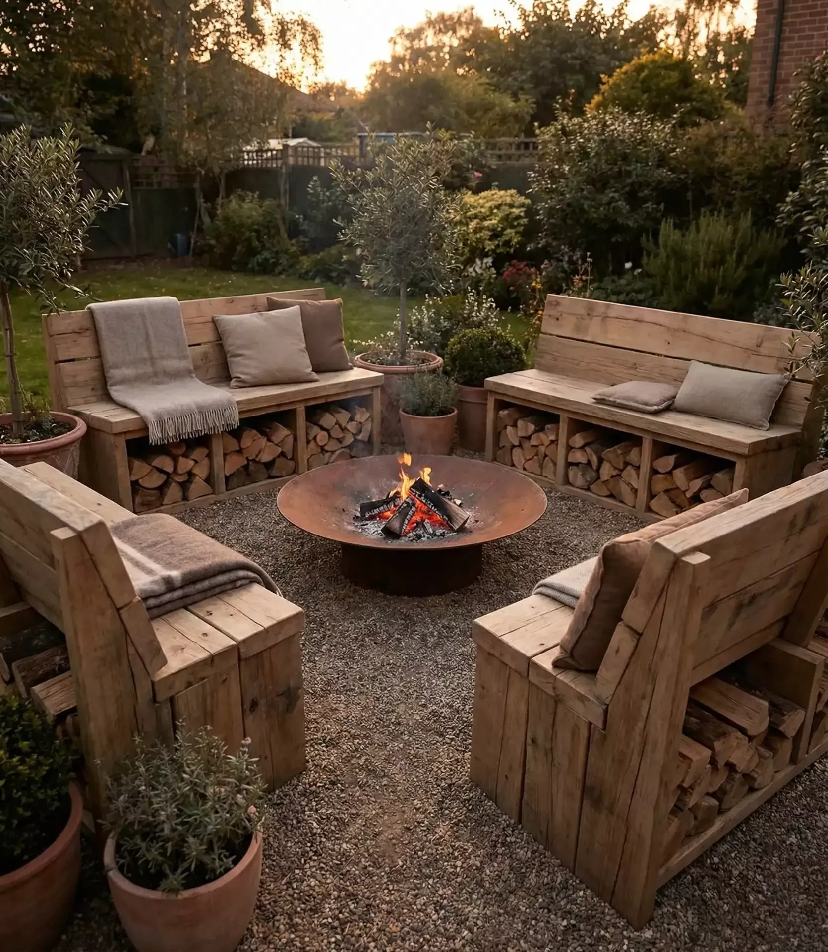 A rustic metal fire pit with burning logs, surrounded by four wooden benches, each with integrated firewood storage…