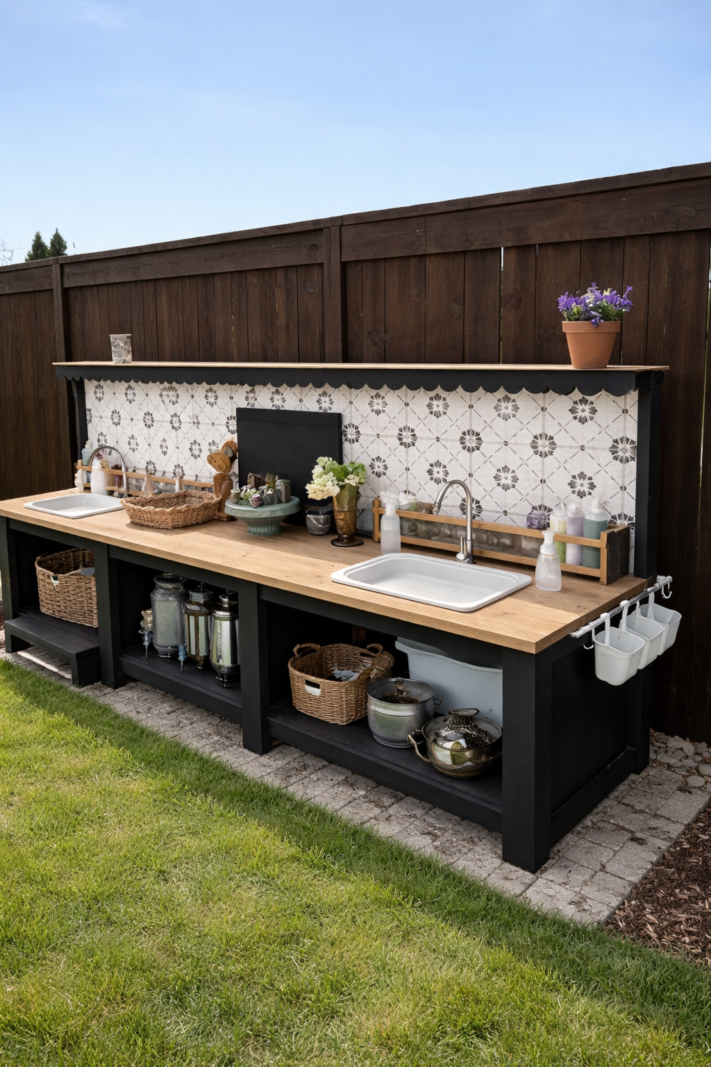 Outdoor potting bench with two sinks, wooden countertop, and black base with open shelves, next to a wooden fence.