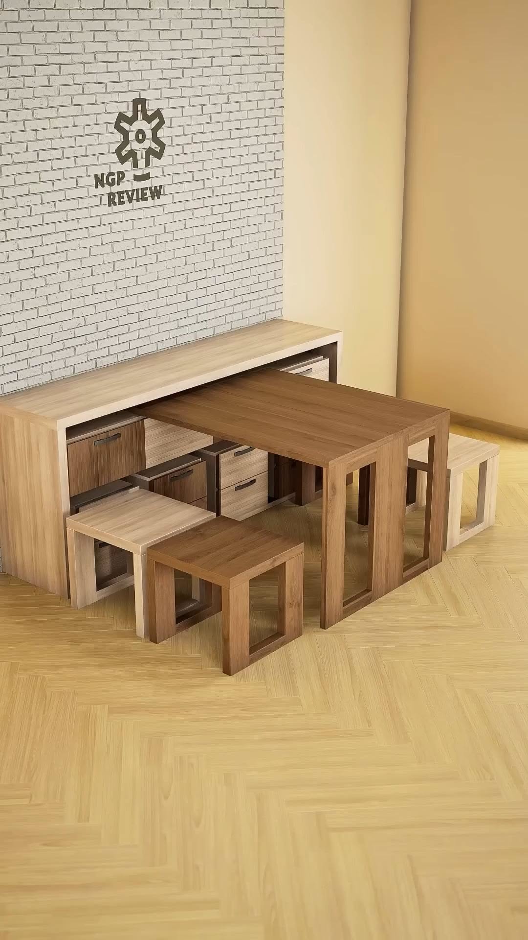 Wooden console table extended into a dining table with four stools tucked underneath.