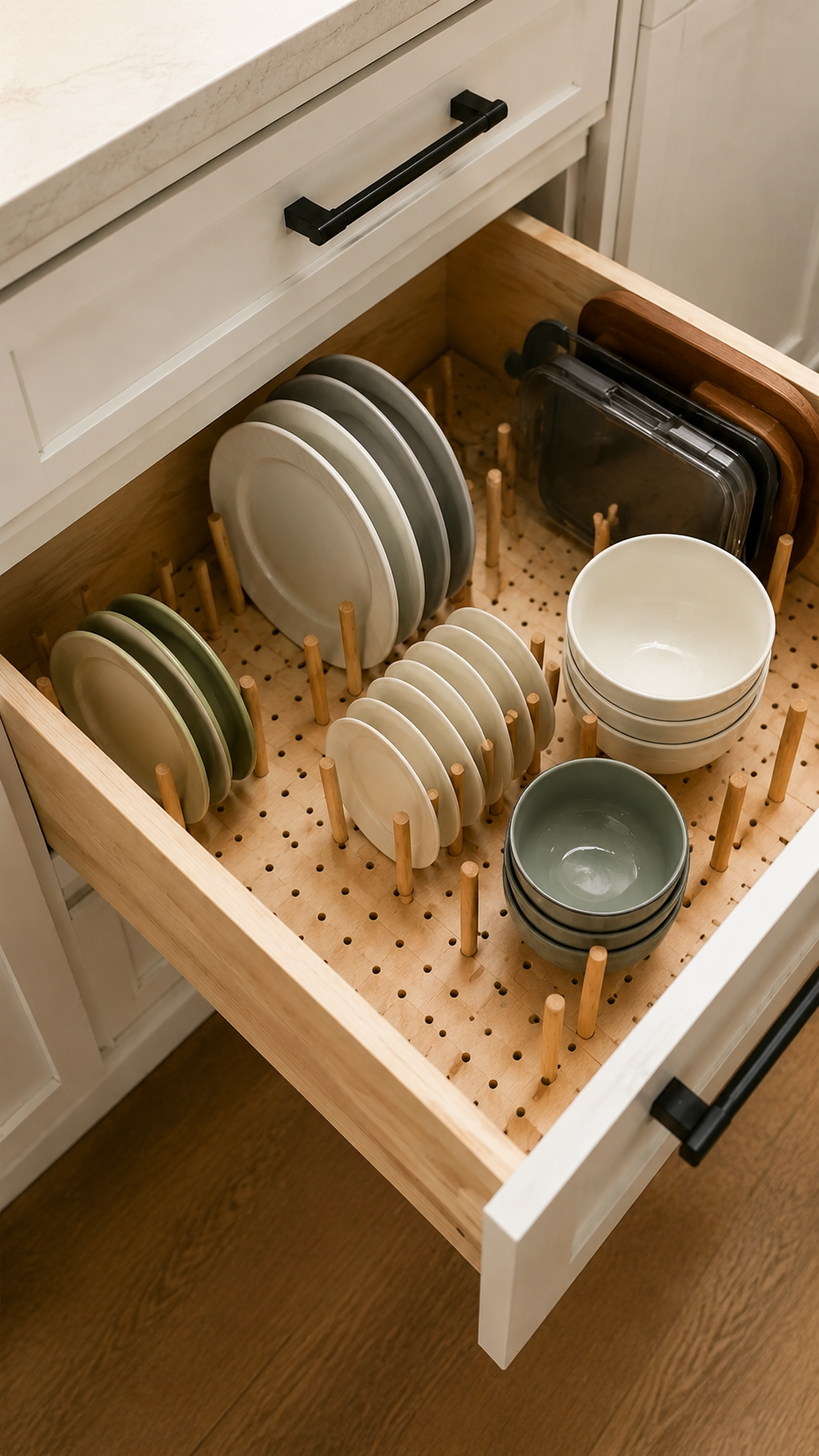 An open kitchen drawer featuring a wooden pegboard insert, organizing stacks of plates and bowls with movable pegs.