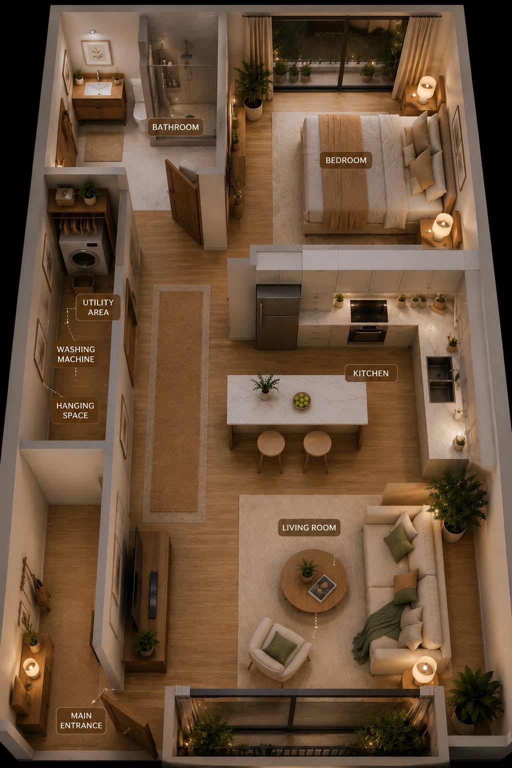 Overhead view of a one-bedroom apartment floor plan showing a main entrance, utility area, bathroom, bedroom, kitchen, and…
