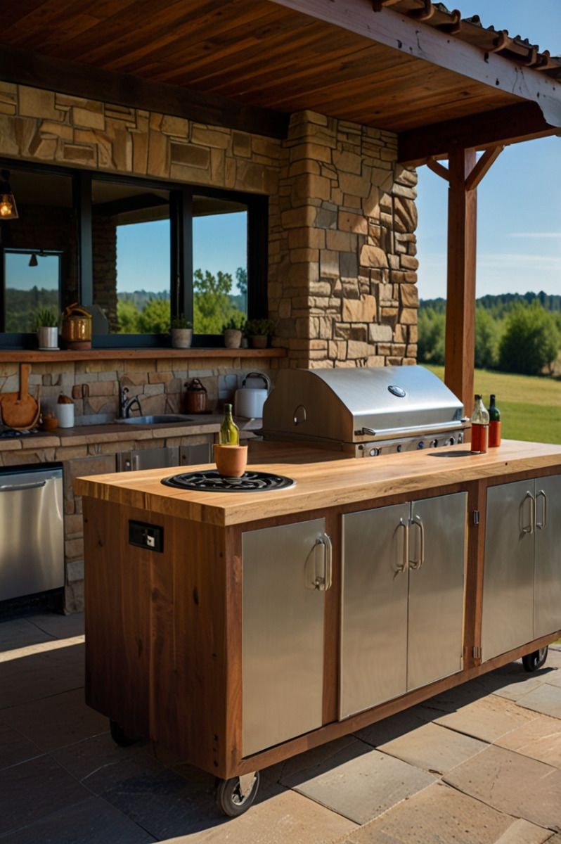 Outdoor kitchen island on wheels with a wooden top, stainless steel cabinets, built-in cooktop, and a grill.