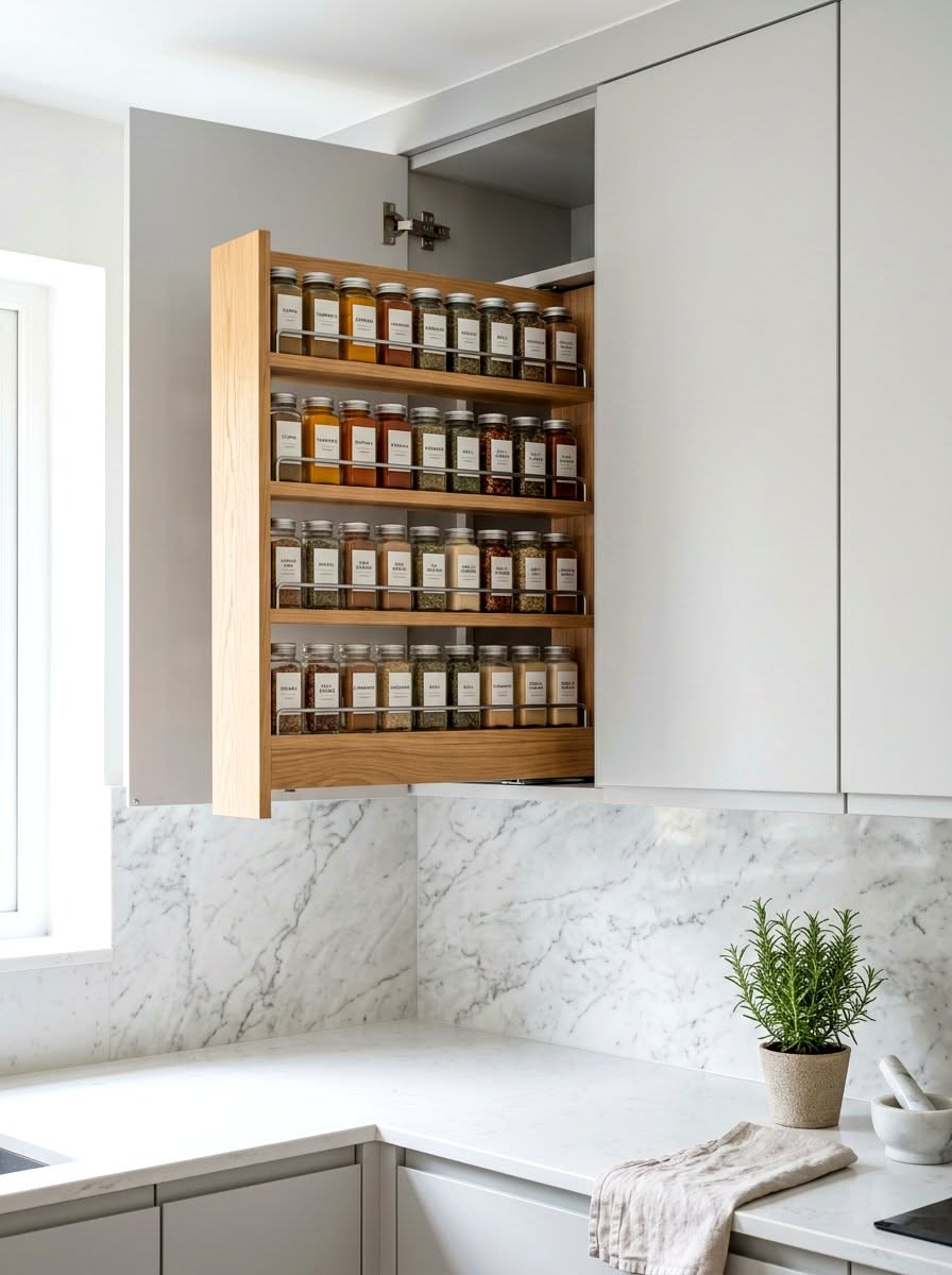 Pull-out wooden spice rack filled with uniform spice jars, integrated into a light gray upper kitchen cabinet.