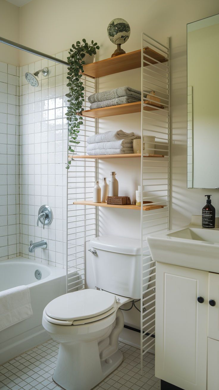 White metal shelving unit with wooden shelves over a toilet, holding towels, bottles, and a plant.