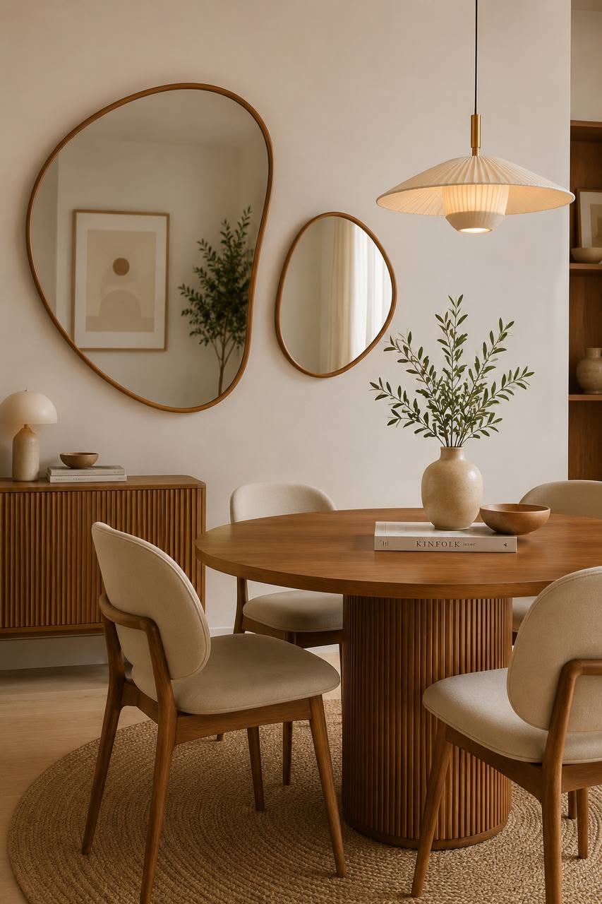 Small dining room featuring a round wooden table with cream chairs, a wooden buffet, and two organic-shaped mirrors on a…