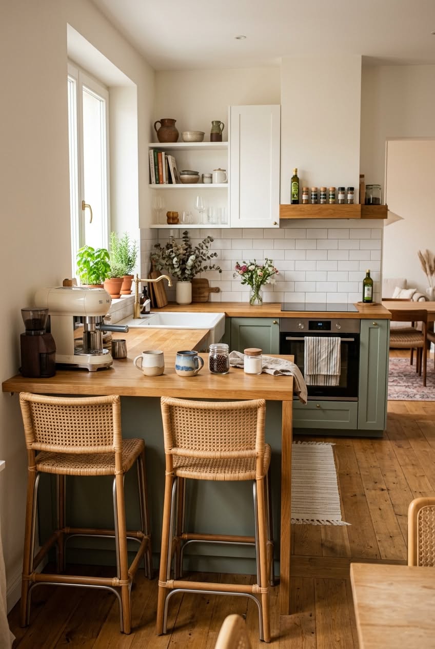 Small kitchen island with two bar stools and a coffee machine, grinder, and mugs on the wooden countertop.