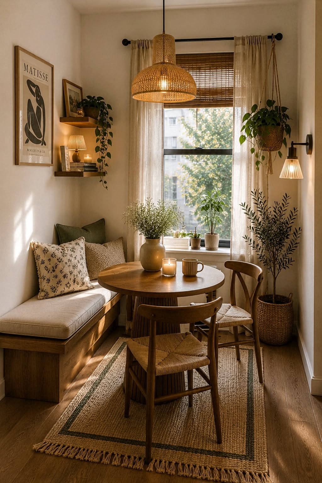 Small dining area with a wooden built-in bench, round table, two chairs, and plants near a window.