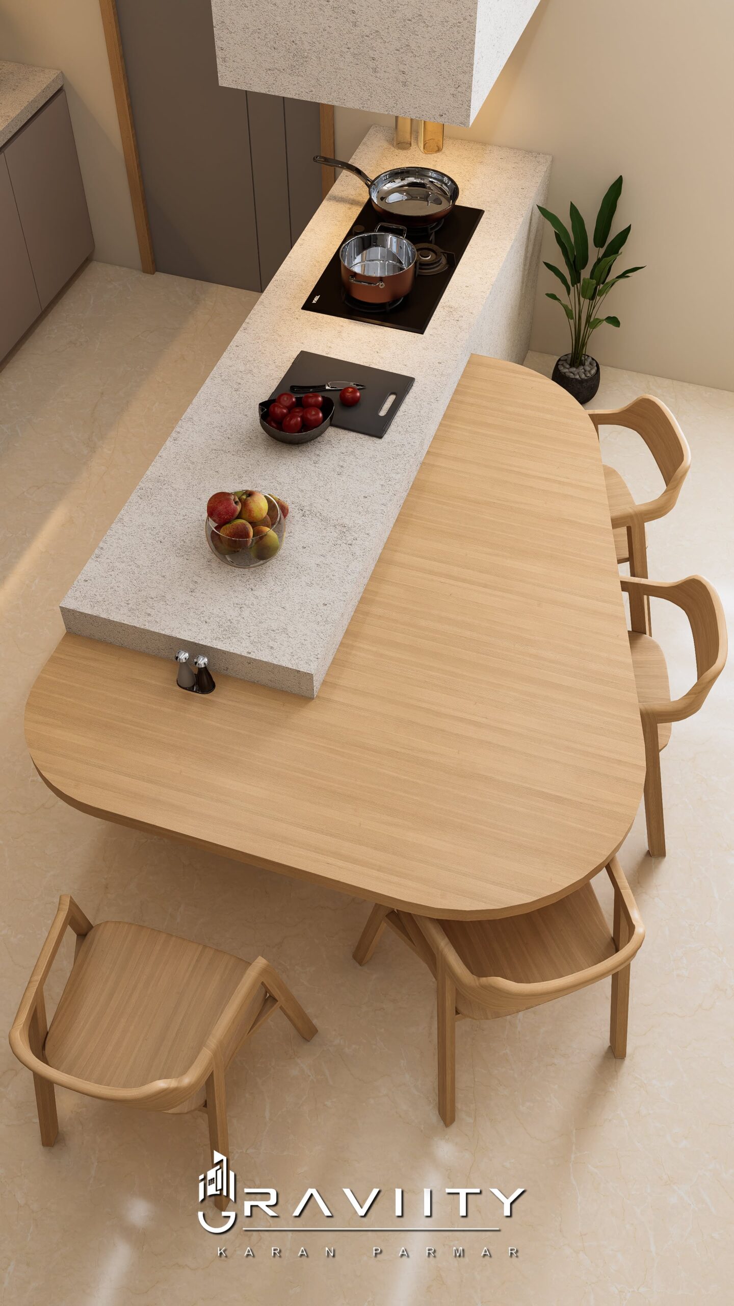 Overhead view of a kitchen island with an integrated stovetop and an attached wooden dining table with three chairs.