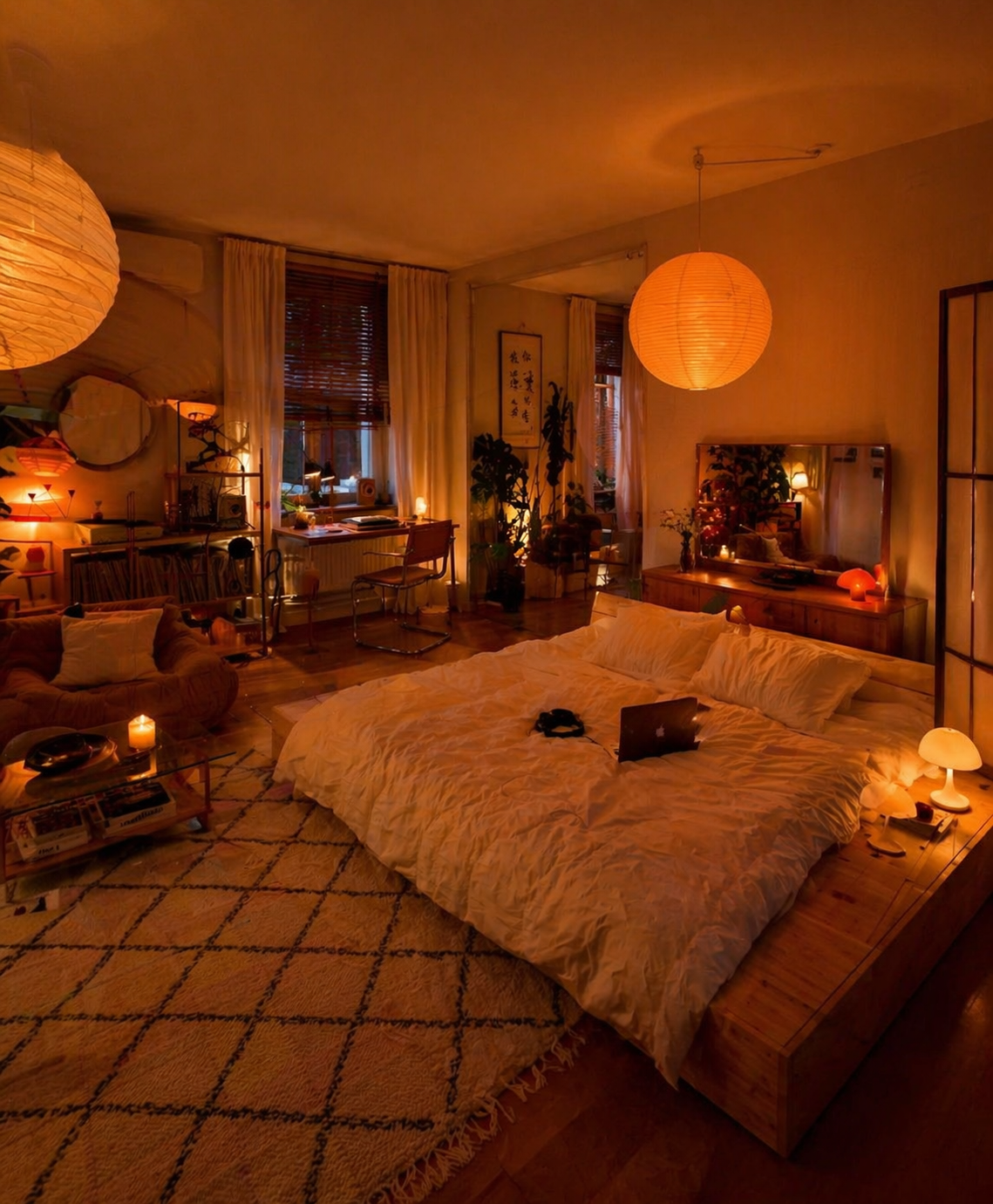 Bedroom at night with warm lighting from several lamps and lanterns.