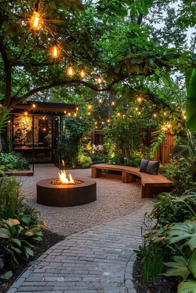 Round fire pit with flames and curved wooden bench in a lush backyard at dusk, strung with warm lights.