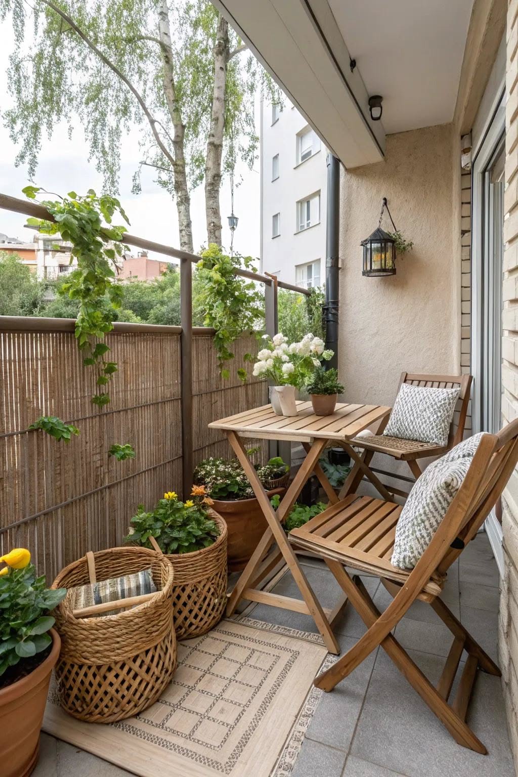 A small apartment balcony with a wooden table and two chairs, bamboo privacy screens, potted plants, and woven baskets.