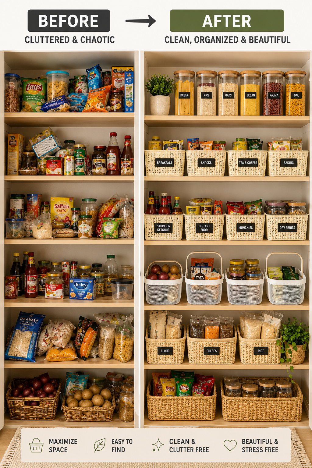 Split image showing a cluttered pantry on the left and the same pantry clean and organized with containers and baskets on…