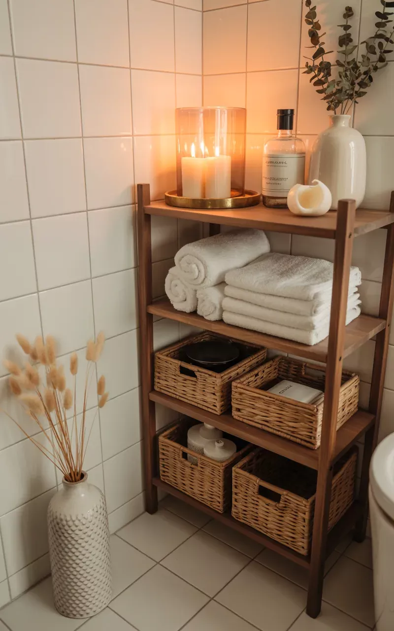 Dark wood corner shelving unit with white rolled and folded towels, wicker baskets, candles, and a vase of eucalyptus.
