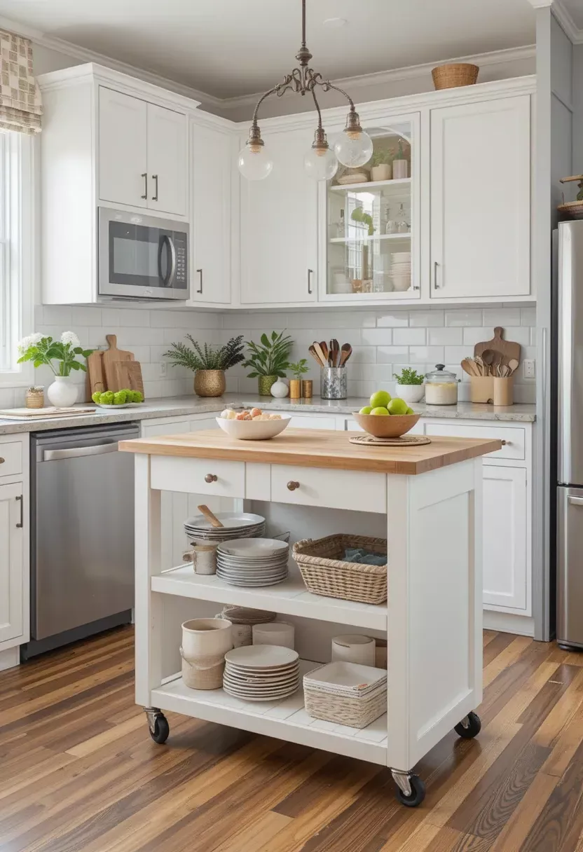 White kitchen island cart with wooden top, two drawers, and two shelves storing plates and baskets, on wheels.
