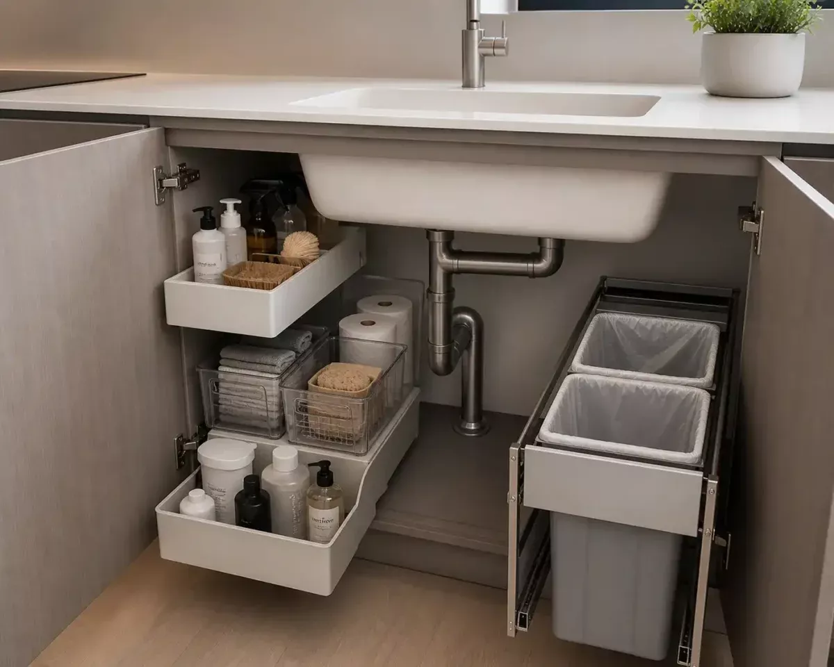 An organized under-sink kitchen cabinet featuring white pull-out trays with cleaning supplies and clear bins with towels…