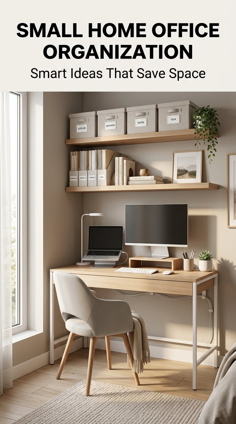 Small home office with two floating shelves above a light wood desk, containing storage boxes, file holders, and a laptop…