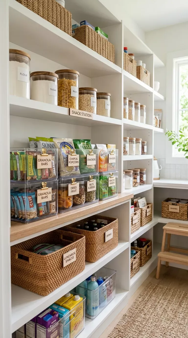 A small pantry with white shelves and a wooden counter, neatly organized with labeled clear bins, woven baskets, and glass…