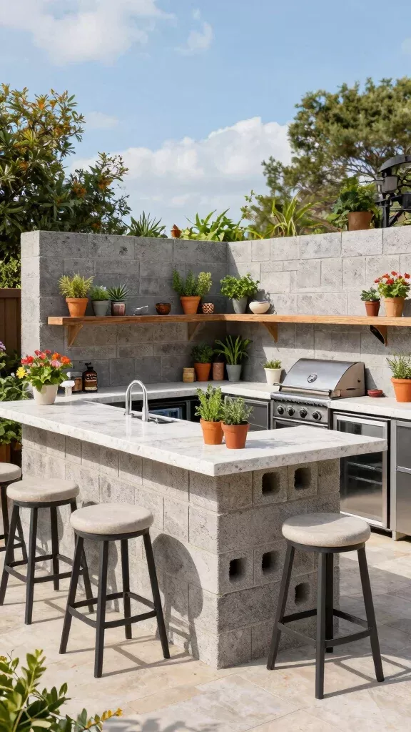 Outdoor kitchen with a white marble countertop, built-in grill, sink, and under-counter refrigerators, surrounded by stone…