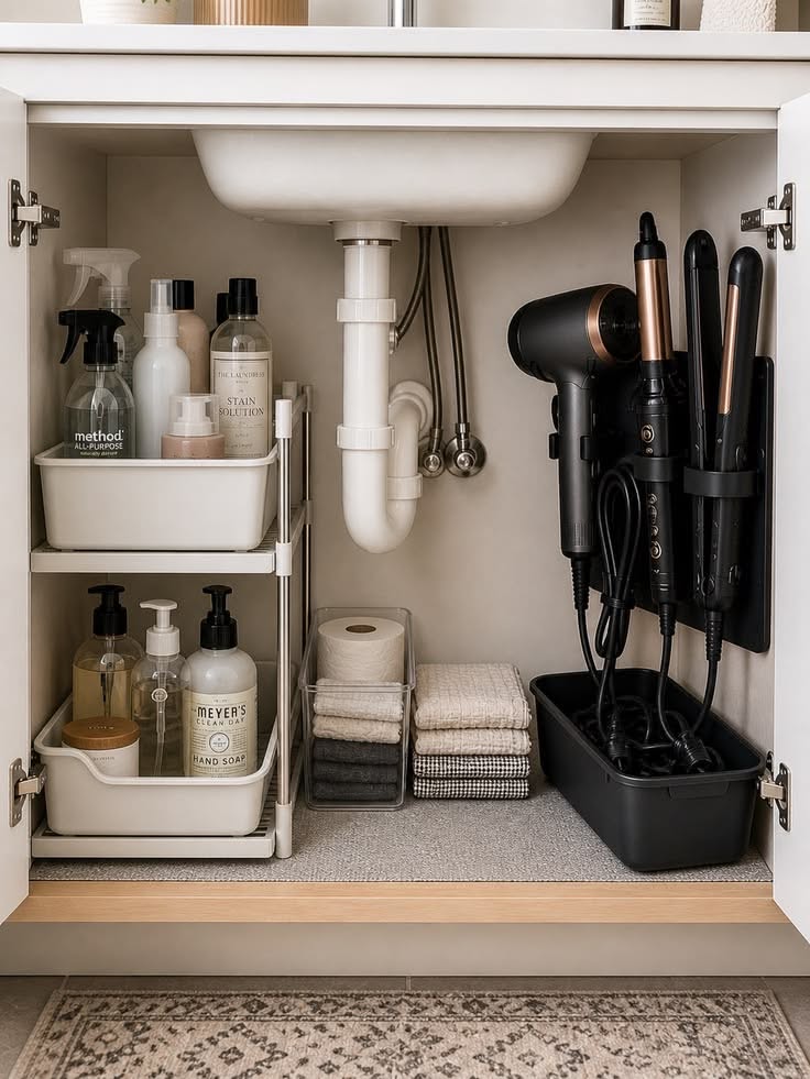 Organized under-sink cabinet with two-tier shelf, clear bins for toiletries, and wall-mounted hot tools.
