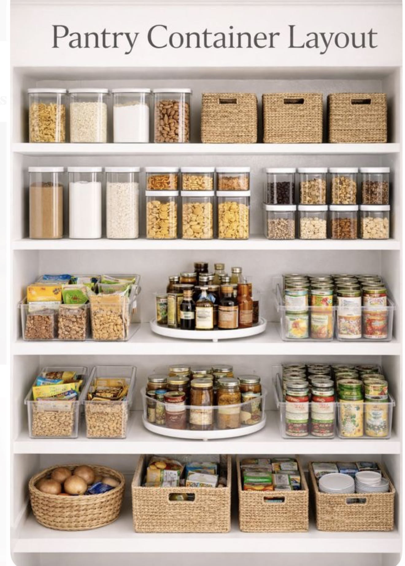 White pantry shelves filled with clear containers holding various dry goods, woven baskets, and clear bins of canned and…