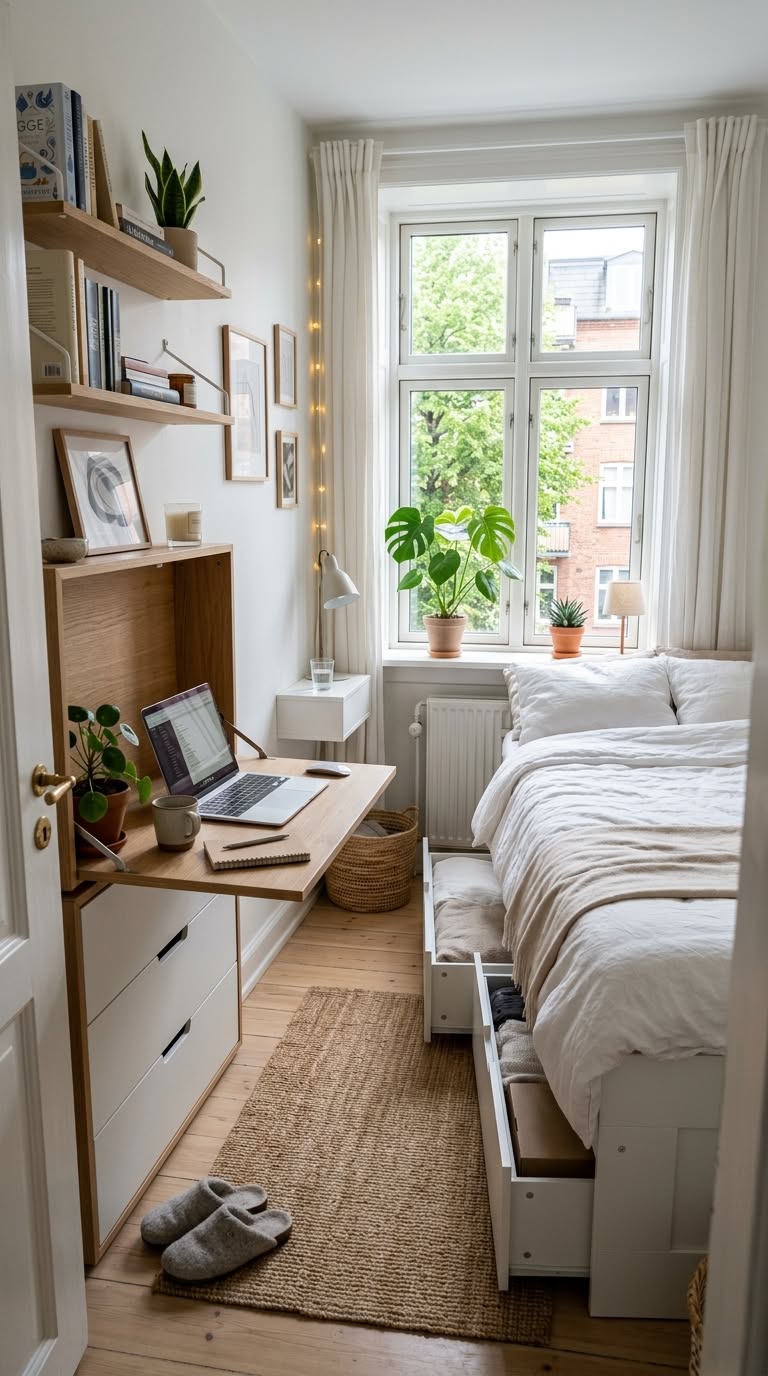 A small bedroom featuring a wall-mounted fold-down desk with a laptop, floating shelves, and a bed with under-bed storage…