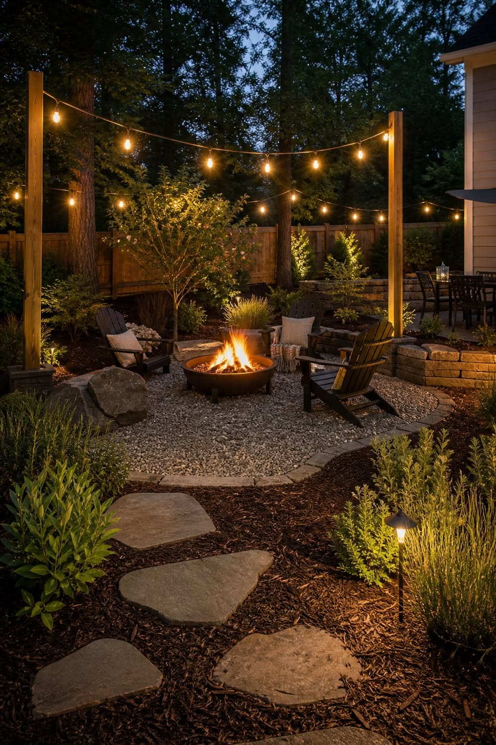 Backyard fire pit area at dusk with a roaring fire, Adirondack chairs, and string lights strung between wooden posts.