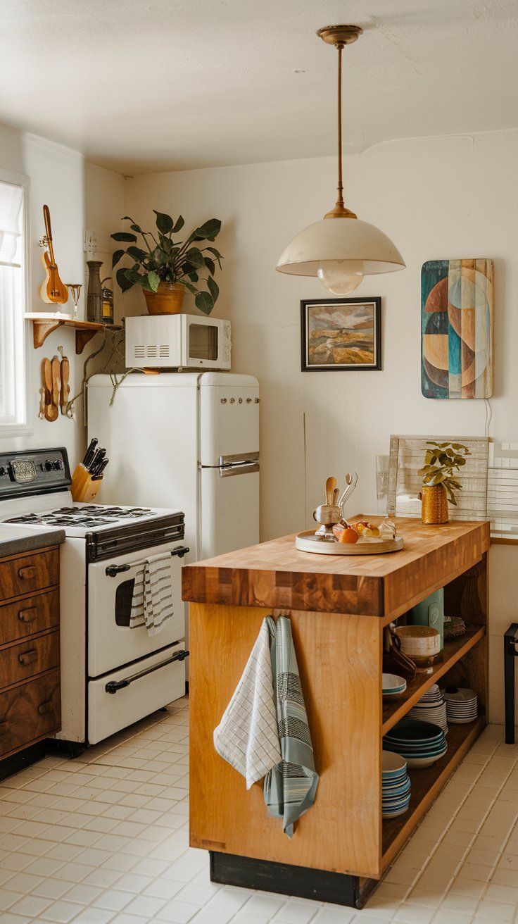Butcher block kitchen island with open shelves storing dishes, next to a vintage stove and refrigerator.