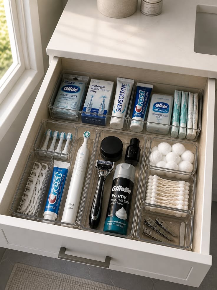 Open bathroom drawer showing various toiletries and dental hygiene products organized in clear dividers.