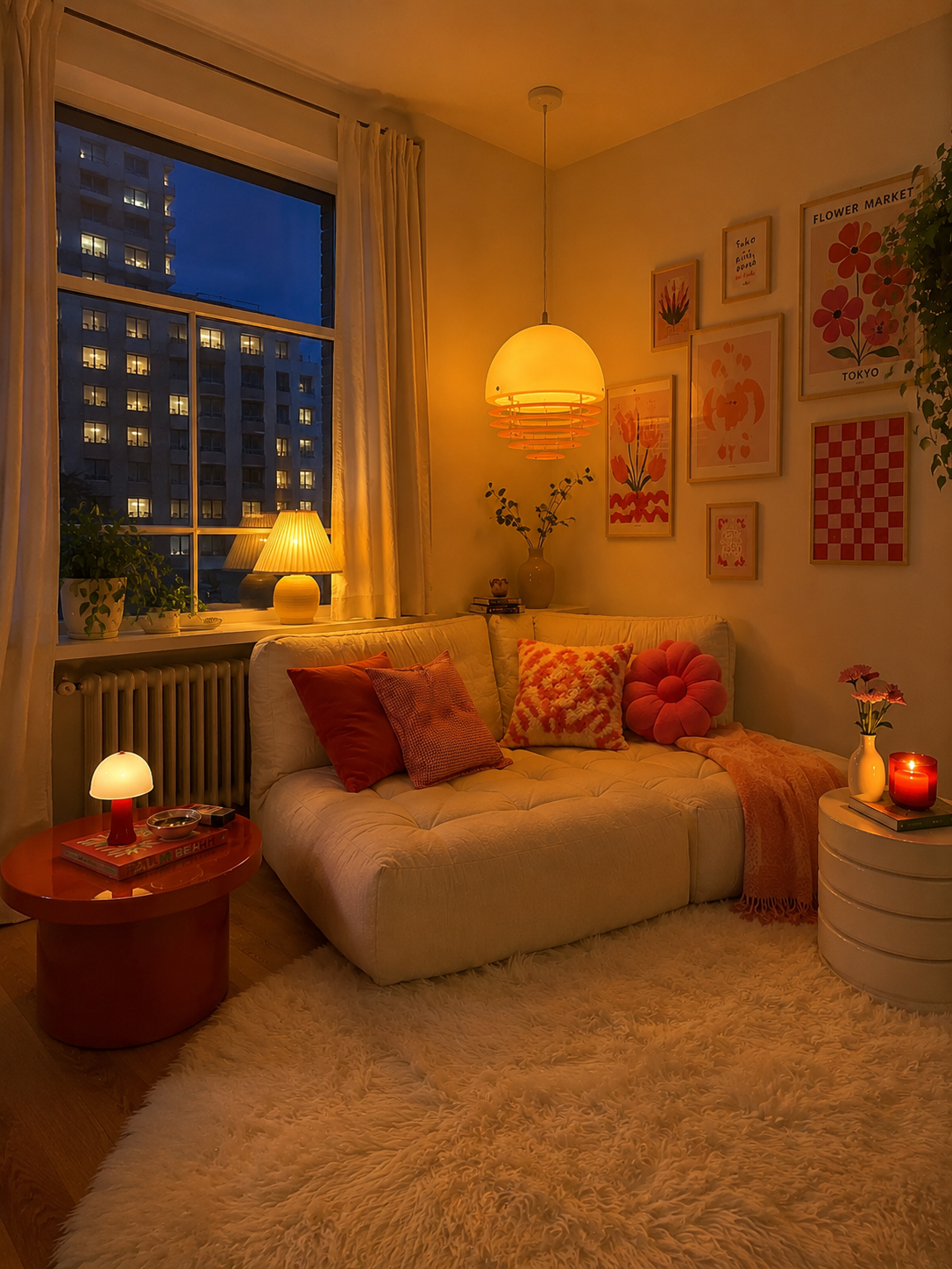 An apartment living room at dusk with a sectional sofa and layered lighting sources, including a mushroom lamp on a side…
