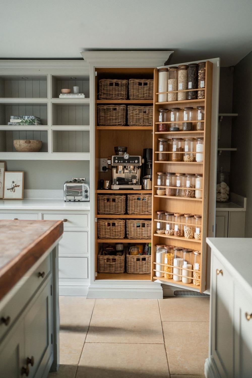Kitchen pantry cabinet with woven storage baskets, an espresso machine, and a spice rack on the inside of the door, next to…