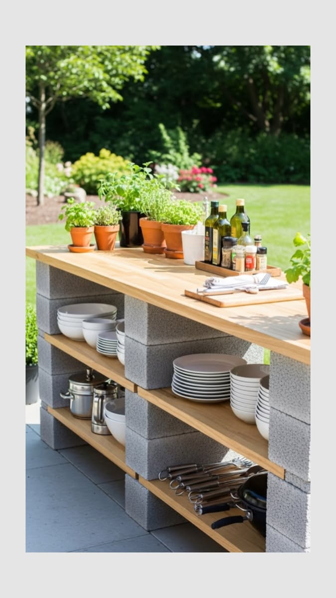 Outdoor kitchen counter made from stacked concrete blocks and wooden planks, displaying herbs, dishes, and cooking tools.