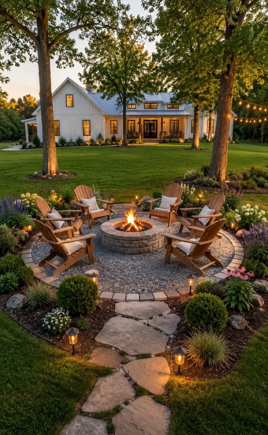 Round stone fire pit with a lit fire, surrounded by six wooden Adirondack chairs on a gravel patio with landscaped plantings…