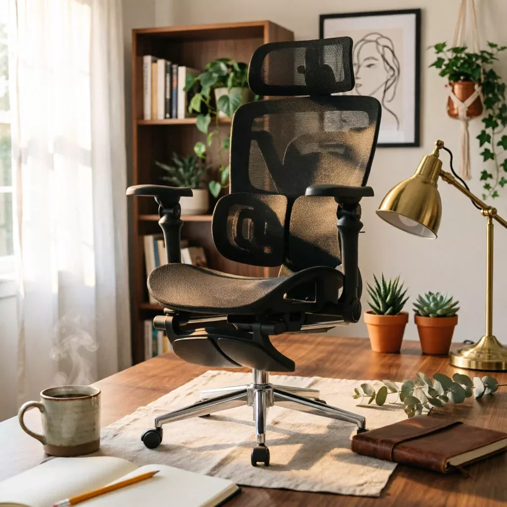 Black ergonomic office chair with mesh back and headrest, set up at a wooden desk with a notebook and coffee mug.
