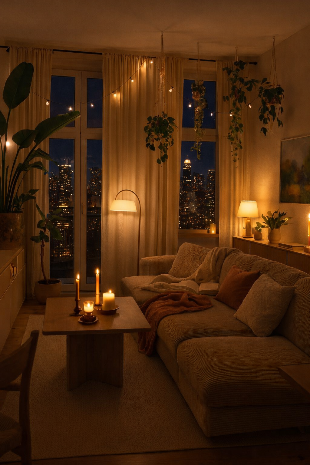 Living room at night with city lights outside, fairy lights in window, floor lamp, and candles on coffee table.