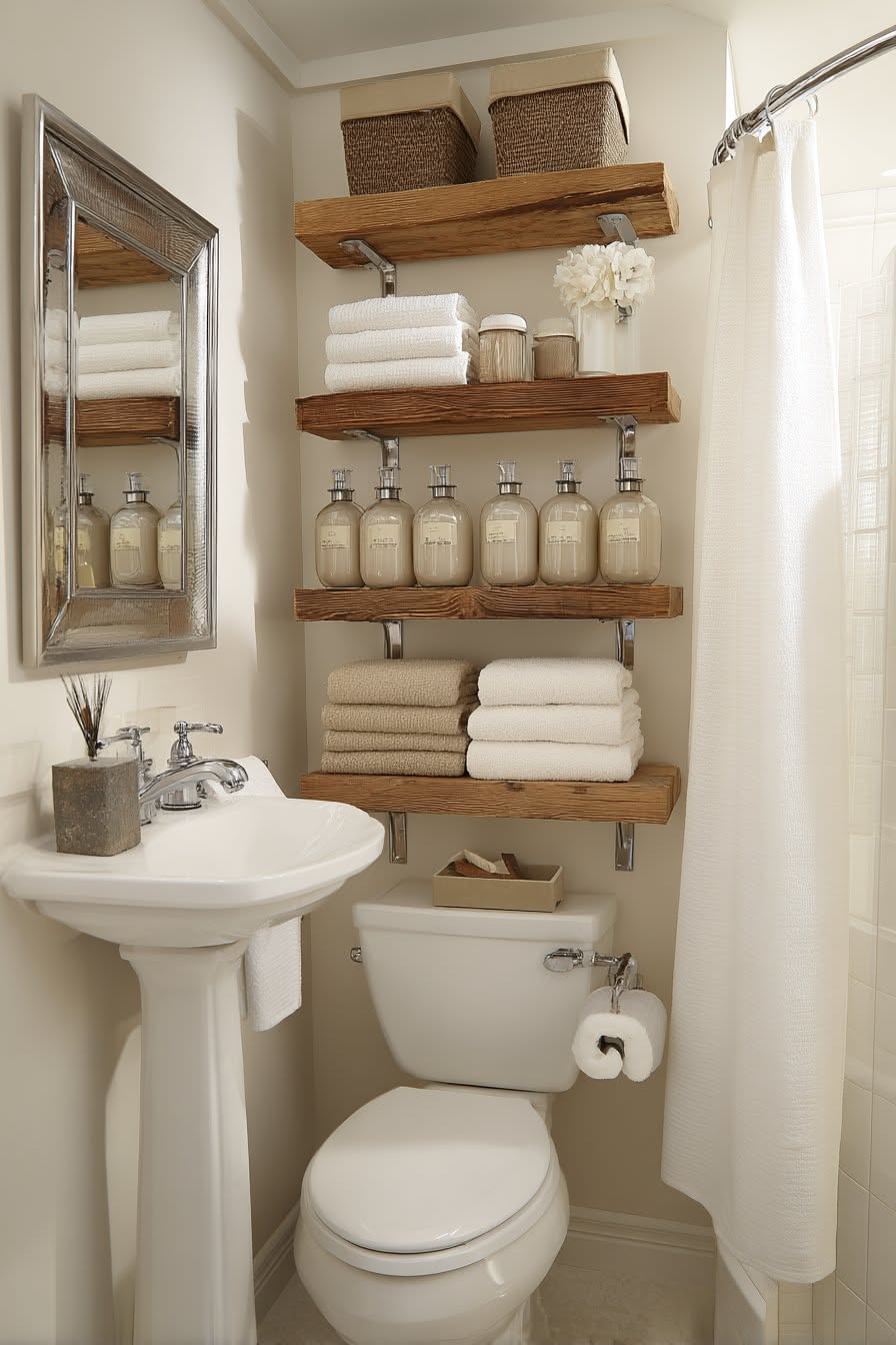 Pedestal sink and toilet in a small bathroom with wooden floating shelves above the toilet holding baskets, towels, and soap…