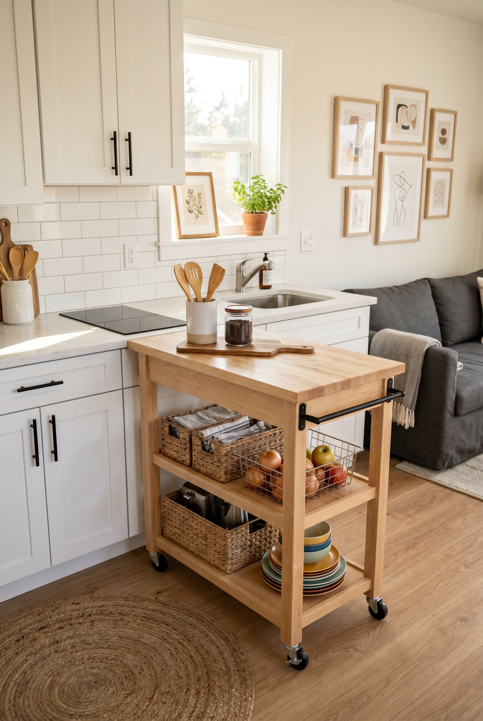 Wooden kitchen island cart with butcher block top and two shelves, on wheels. It holds baskets, fruit, and stacked dishes.