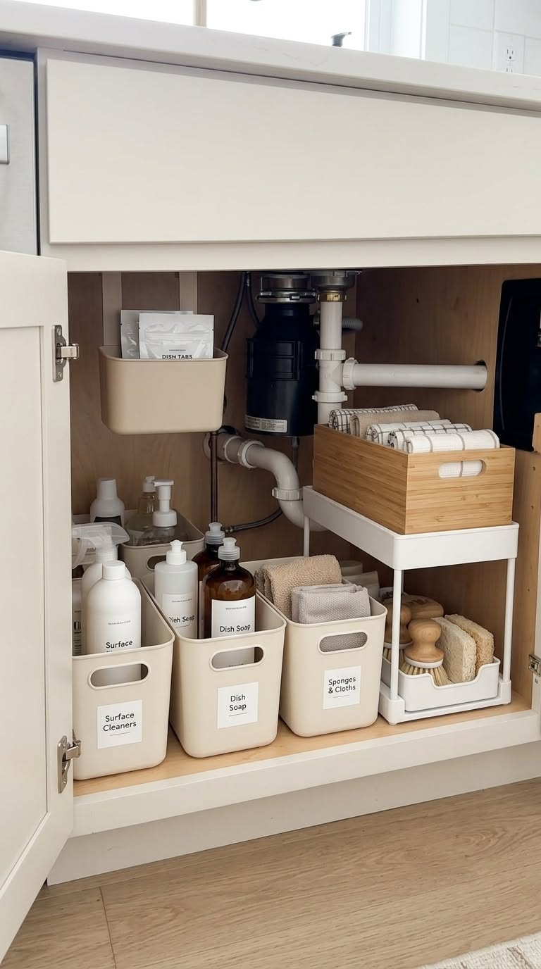 Open under-sink cabinet showing neatly organized cleaning supplies in labeled bins and on a tiered shelf.