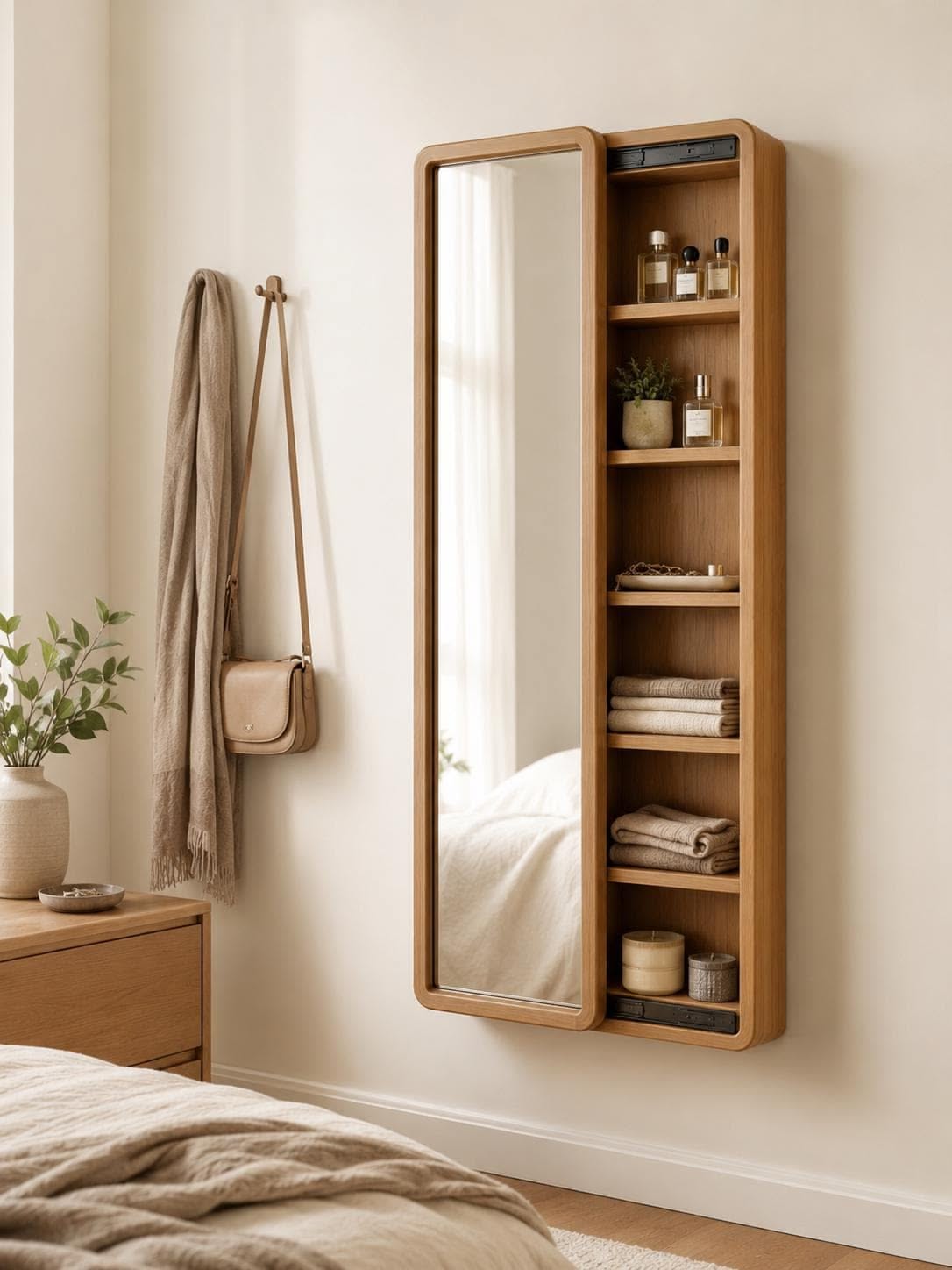 A full-length mirror, set in a wooden frame, slides to reveal narrow wooden shelves holding towels, perfumes, and candles.
