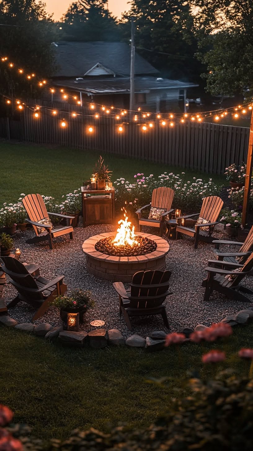 Backyard fire pit area at dusk, with Adirondack chairs surrounding a brick fire pit, and string lights overhead.