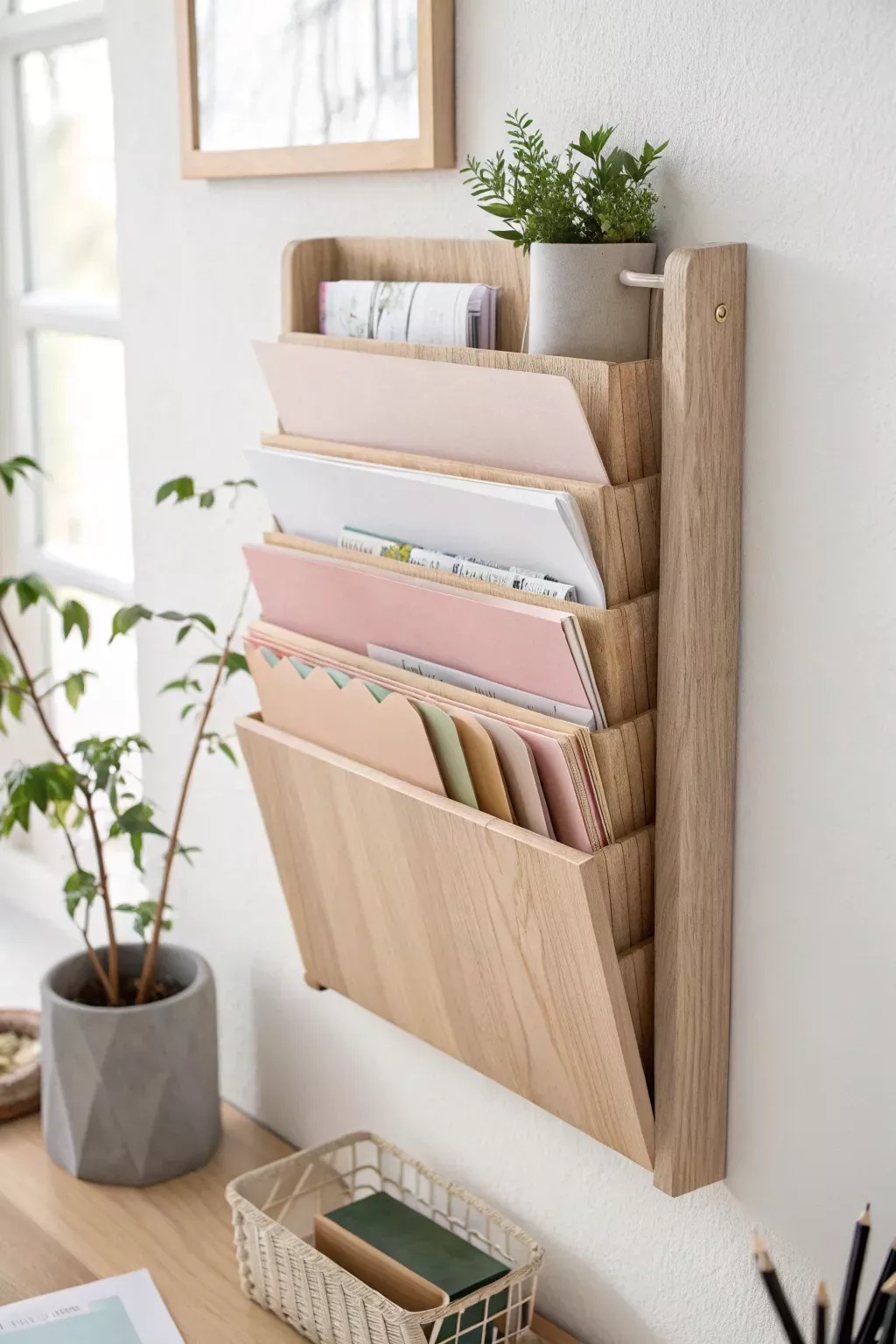 Wooden, multi-tiered wall organizer holding papers and folders, with a small potted plant on top.