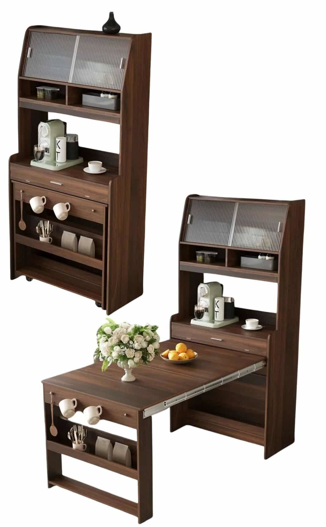 Dark wood furniture piece transforming from a hutch with coffee maker to a table with storage and a flower vase.