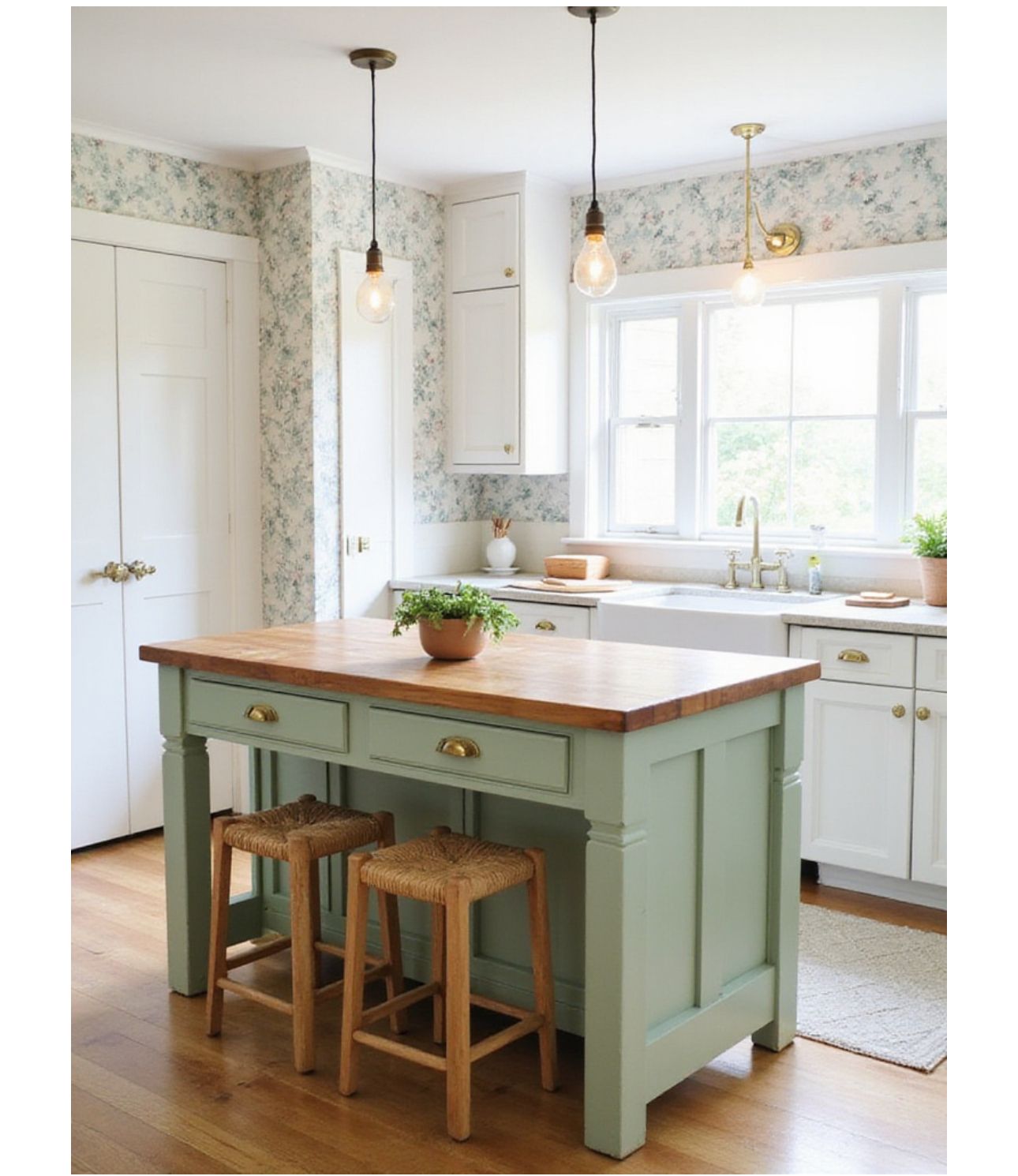 Light green kitchen island with wooden top and brass hardware, featuring two woven-seat stools tucked underneath.